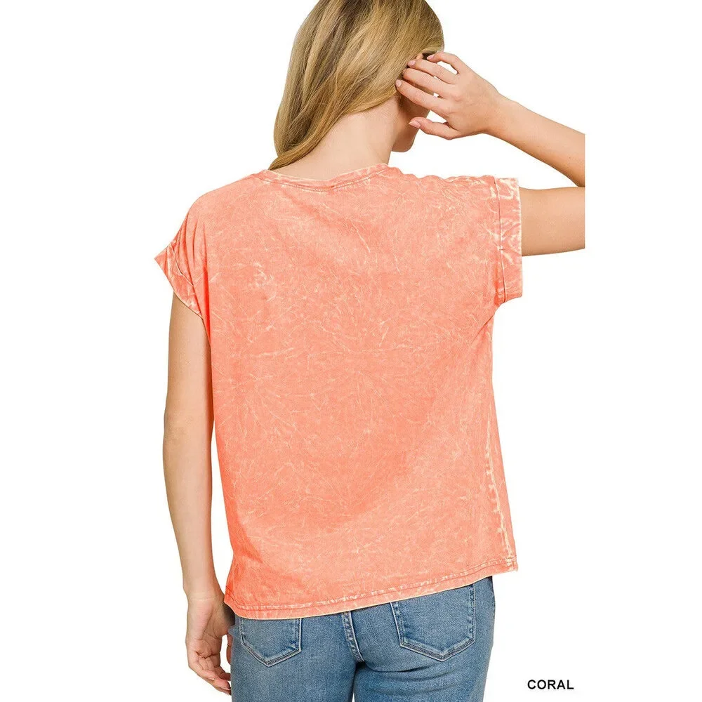 Zenana Crinkle Washed Round Neck Folded Short Sleeve Tee